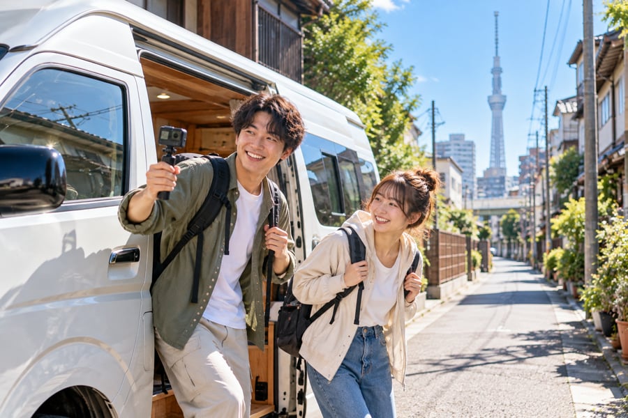 東京スカイツリーが見える下町の路地で、キャンピングカーのスライドドアからアクションカメラを手に出発する若いカップル