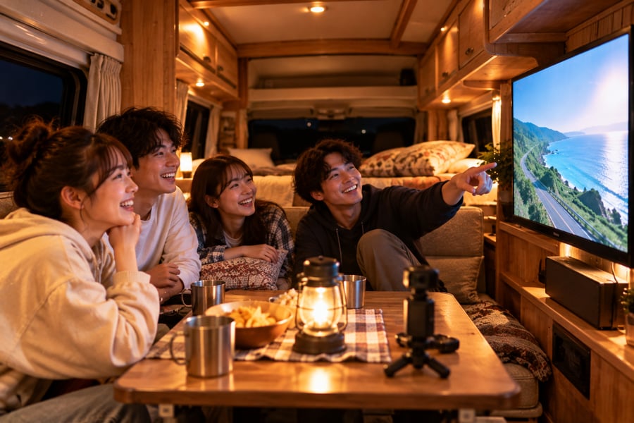 夜のキャンピングカーの車内で、モニターに映した旅の映像を笑顔で見返す友人グループ