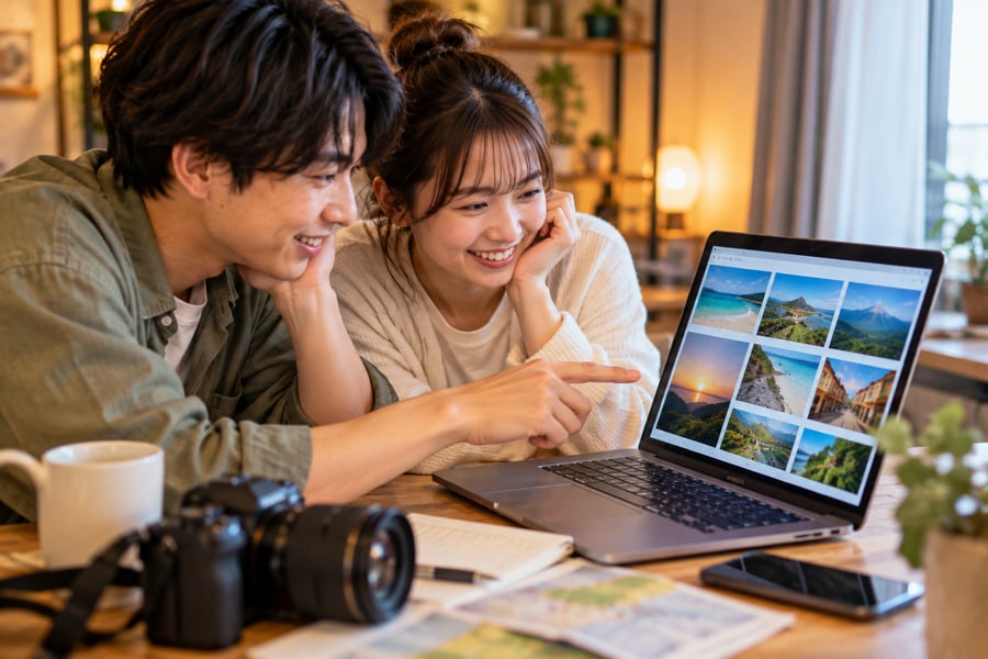 ノートパソコンに並んだ旅の写真を見比べて、サムネイルを選ぶ若い男女