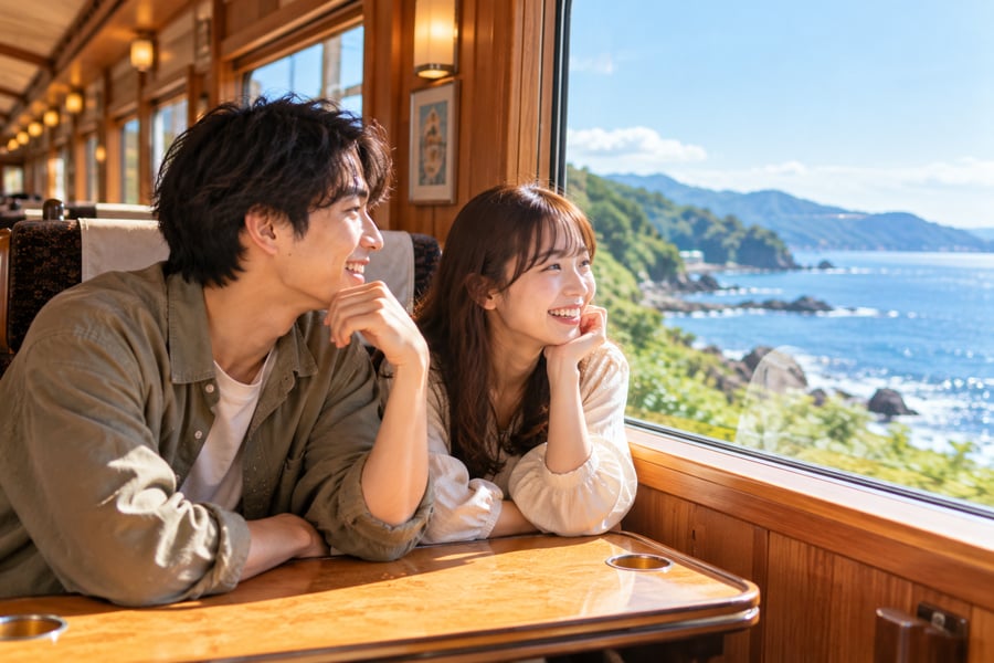 木目の内装の列車の窓から、海沿いの景色を眺めて笑顔で話す若いカップル