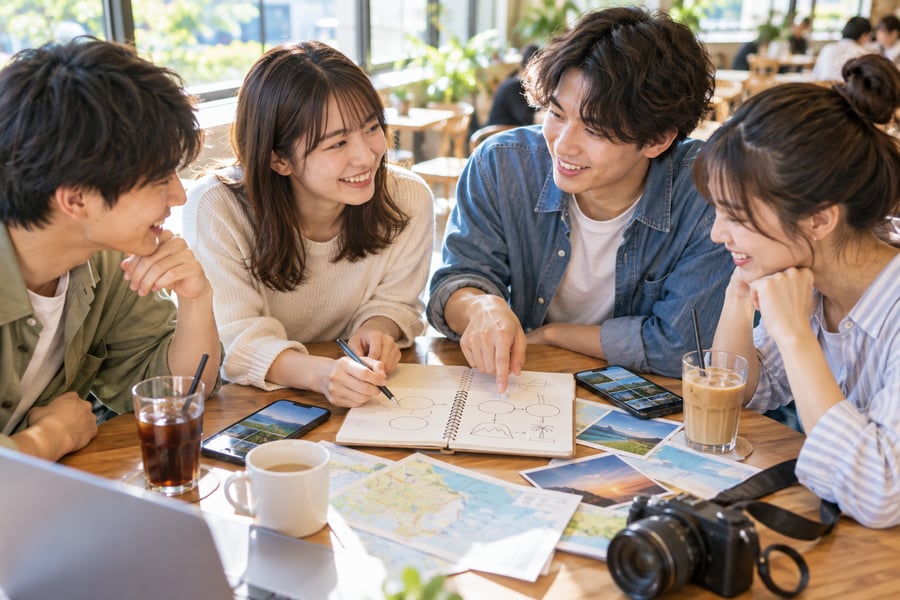 カフェのテーブルにノートや地図、カメラを広げ、旅動画の企画を話し合う大学生グループ