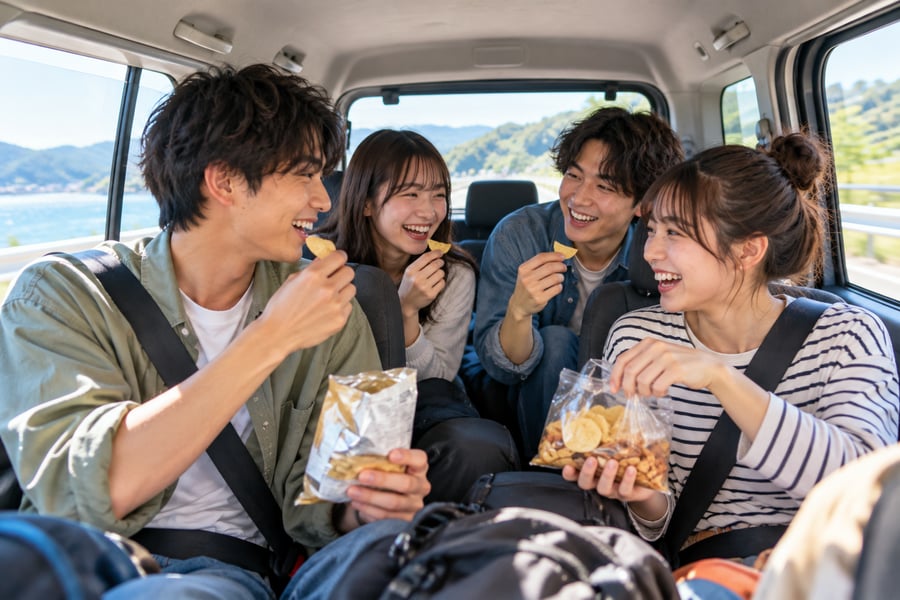 車の後部座席で、スナックを分け合いながら笑顔で話す友人グループ