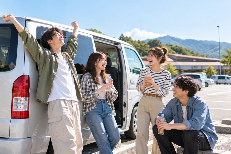 青空の下、駐車場に停めた白いバンの横で、笑顔で休憩する若者たち
