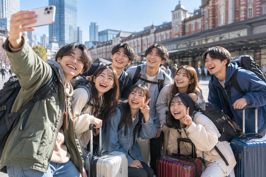 東京駅の駅舎前で、スーツケースを持って卒業旅行の出発前に記念撮影する大学生8人