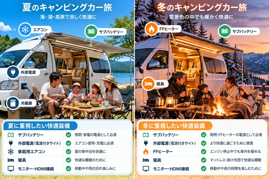 夏と冬のキャンピングカー旅で重視したい快適装備を比べた図。夏は家庭用エアコンと外部電源、冬はFFヒーターと寝具を重視する