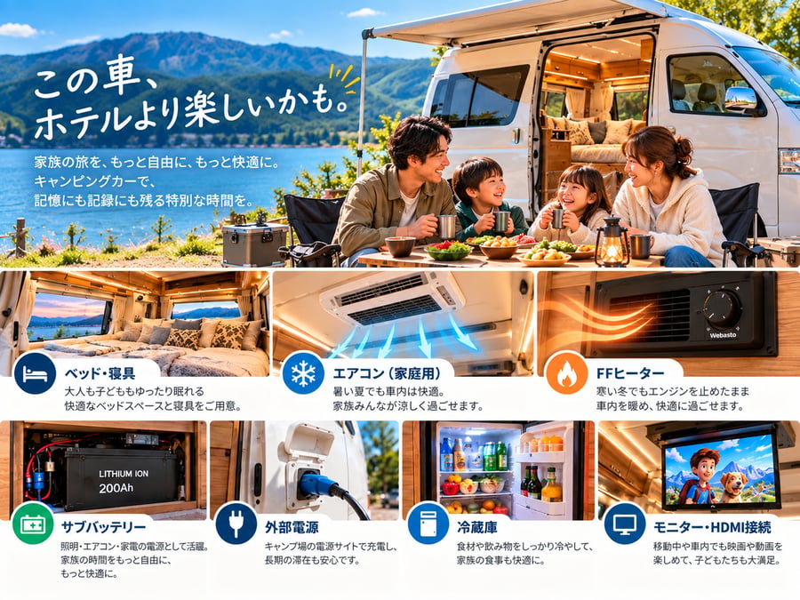 湖畔でキャンピングカーの前で食事をする家族の写真と、ベッド・寝具、家庭用エアコン、FFヒーター、サブバッテリー、外部電源、冷蔵庫、モニター・HDMI接続の装備を紹介する図