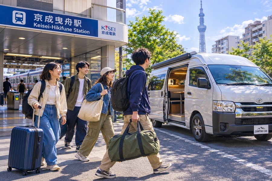 京成曳舟駅の前から、スーツケースやバッグを持ってキャンピングカーへ向かう若者たち。奥に東京スカイツリーが見える