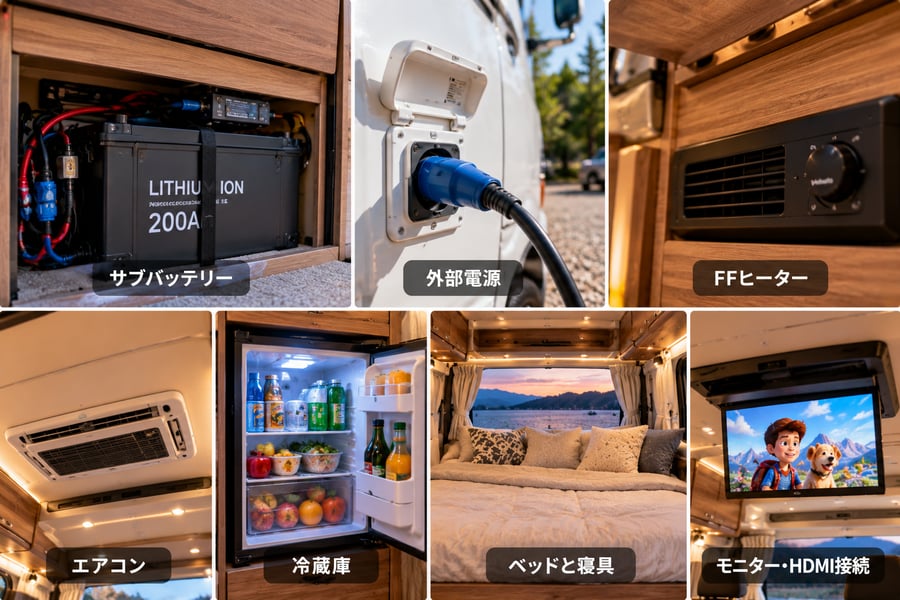 キャンピングカーの快適装備7つ（サブバッテリー、外部電源、FFヒーター、エアコン、冷蔵庫、ベッドと寝具、モニター・HDMI接続）をそれぞれ写した写真の一覧