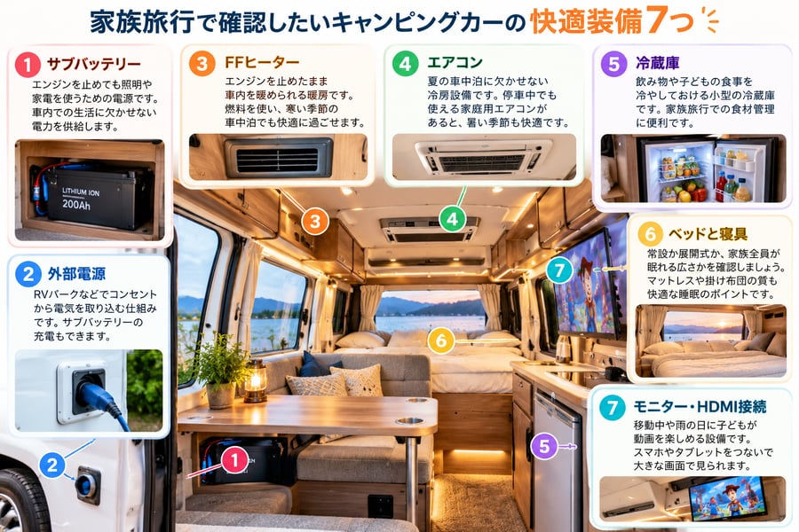 キャンピングカーの車内図に、サブバッテリー・外部電源・FFヒーター・エアコン・冷蔵庫・ベッドと寝具・モニターとHDMI接続の7つの快適装備を番号付きで示した図解