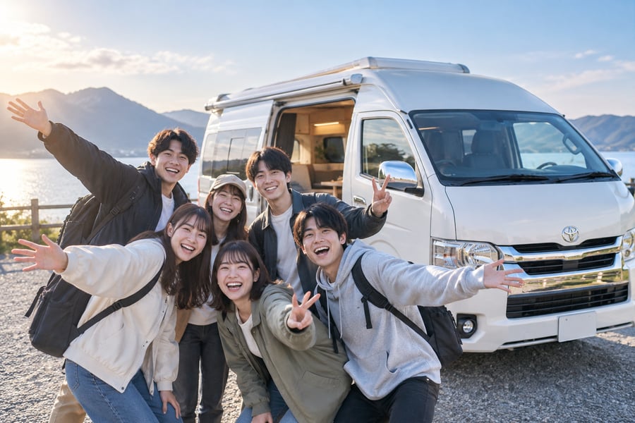 湖畔に停めたハイエースのキャンピングカーの前で、手を振って記念撮影する7人の学生グループ