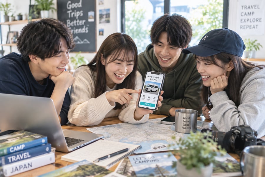カフェのテーブルで地図やスマホの予約画面を見ながら、旅行の計画を立てる4人の学生
