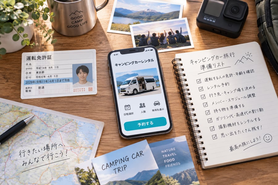 机の上に並べた運転免許証、キャンピングカーの予約画面を表示したスマホ、準備リストを書いたノート、地図、アクションカメラ