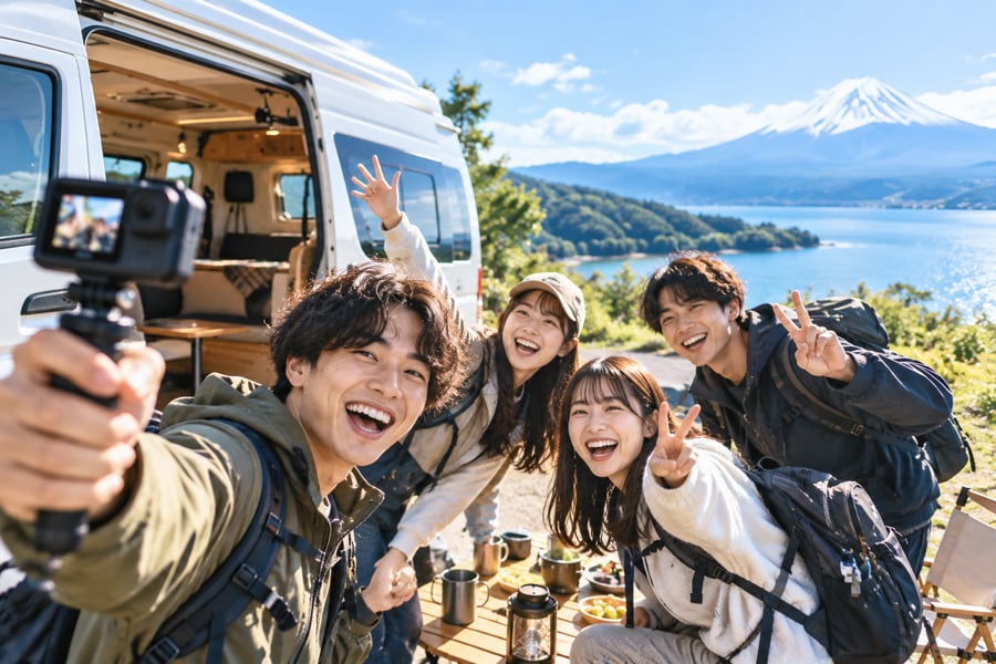富士山と湖を背景に、キャンピングカーの前でアクションカメラを使って自撮りする4人の若者