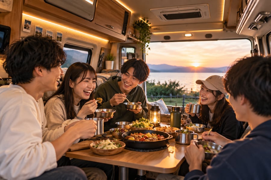 夕日が見えるキャンピングカーの車内で、テーブルを囲んで料理を食べる5人の学生