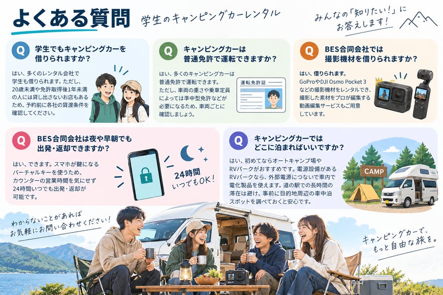 学生のキャンピングカーレンタルでよくある質問5つ（学生でも借りられるか、普通免許で運転できるか、撮影機材を借りられるか、夜や早朝に出発・返却できるか、どこに泊まればいいか）をまとめた図