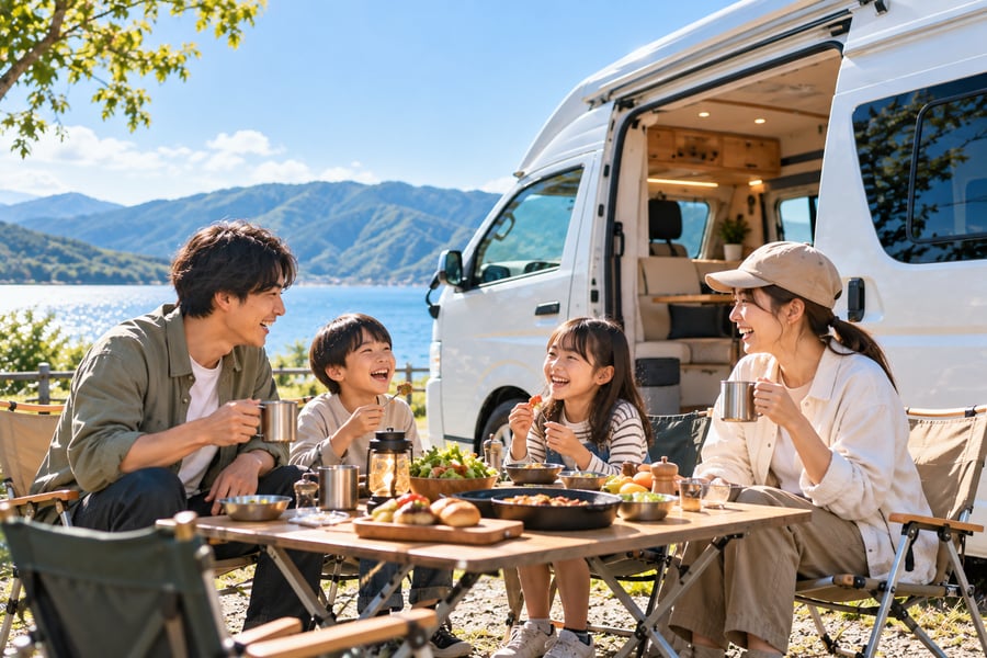 湖と山が見えるキャンプ場で、キャンピングカーの横のテーブルを囲んで食事を楽しむ4人家族