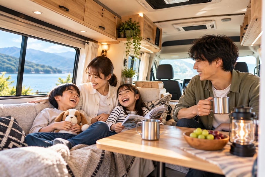 湖が見えるキャンピングカーの車内で、ぬいぐるみを抱いた子どもや本を読む子どもと一緒にくつろぐ4人家族