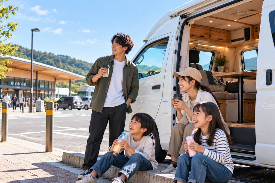 道の駅の駐車場で、ドアを開けたキャンピングカーの横に座って飲み物を手に休憩する4人家族