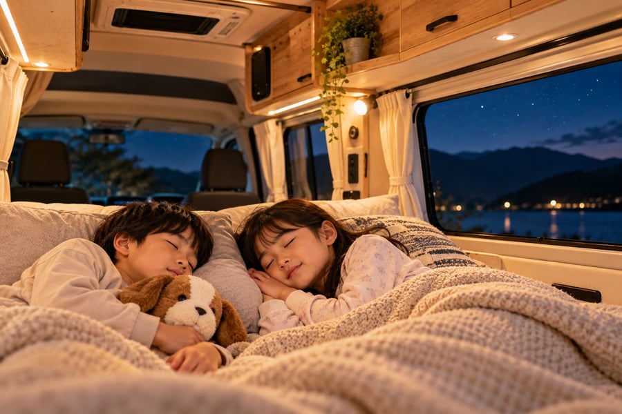 夜景と星空が見えるキャンピングカーのベッドで、ぬいぐるみを抱いてぐっすり眠る2人の子ども