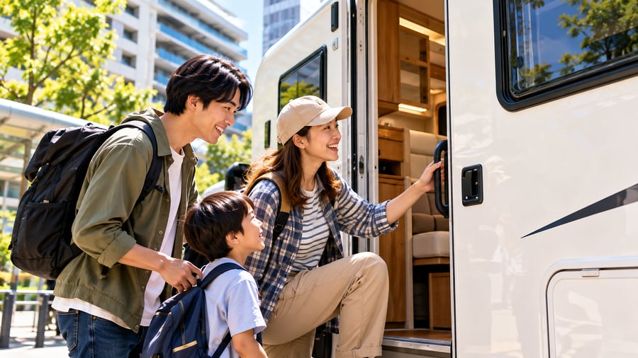 キャンピングカーの乗り口から車内をのぞき込む、子ども連れの家族